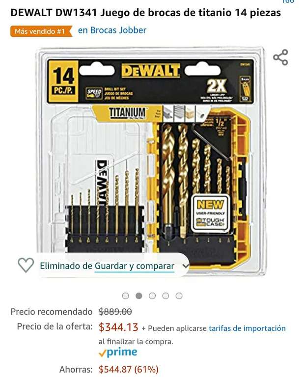 Amazon: DEWALT DW1341 Juego de brocas de titanio 14 piezas (Prime)