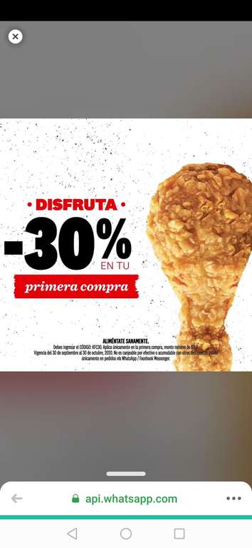 KFC: 30% de Descuento en tu primer pedido vía Whatsapp/ Facebook Messenger