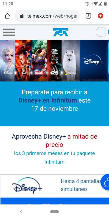 Telmex: Primeros tres meses de Disney plus a mitad de precio.