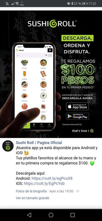 SUSHI ROLL: $100 de descuento en primera compra a través de la app