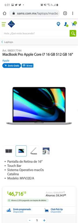 Sam's Club: Macbook Pro i7 512GB 16 pulgadas 2019