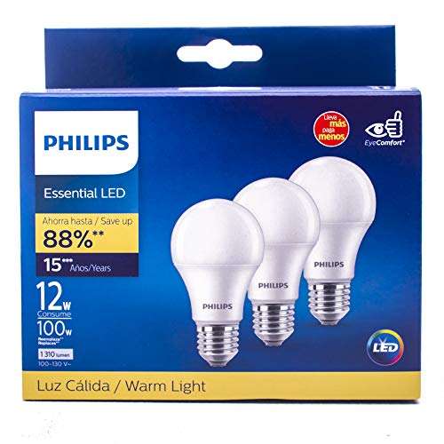 Amazon: Philips Set 3 Focos LED luz cálida A19 12W(100W)