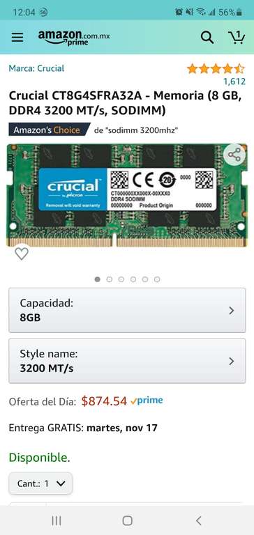 Amazon: RAM Crucial CT8G4SFRA32A - Memoria (8 GB, DDR4 3200 MT/s, SODIMM)