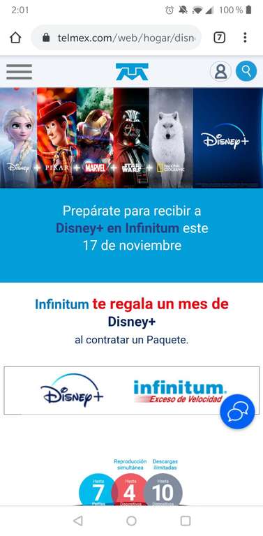 1 mes de Disney Plus gratis al contratar un paquete Infinitum Telmex