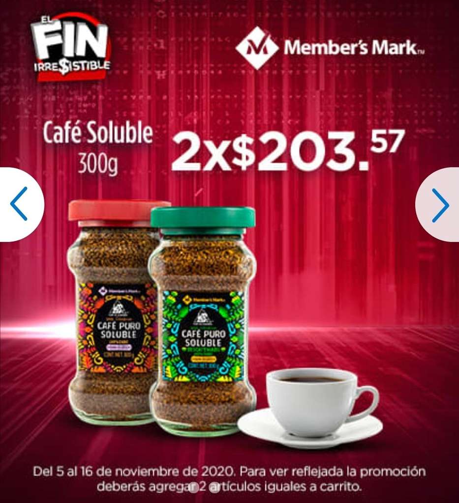 Sam's Club: Café Soluble Member's Mark 300 g (Con cafeína o descafeinado) |  ENVIO: Gratis o Club Pick Up | 2 piezas iguales x $ -  