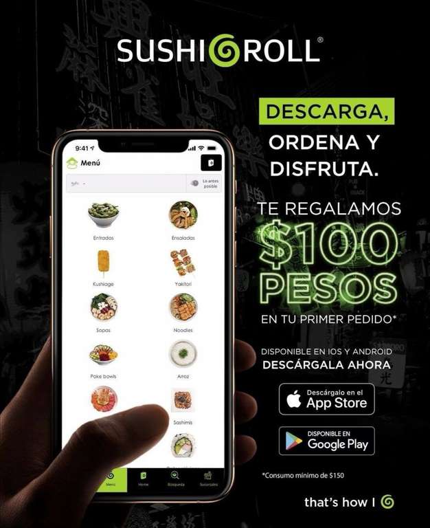 Sushi Roll App: Descuento de $100 en pedido mínimo de $150