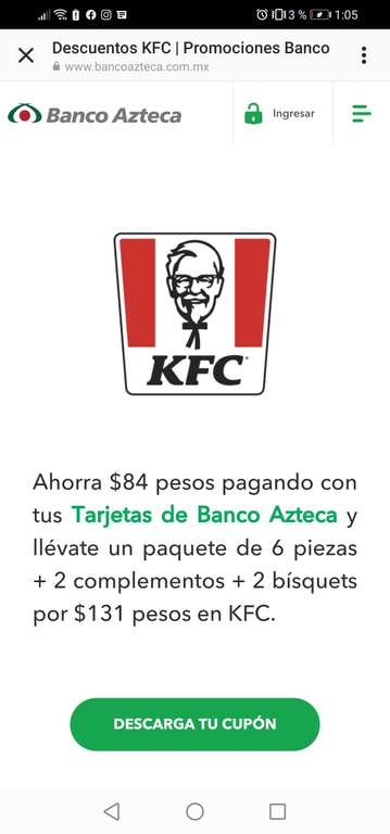 KFC: paquete de 6 piezas + 2 complementos + 2 bísquets por $131 pagando con Banco Azteca
