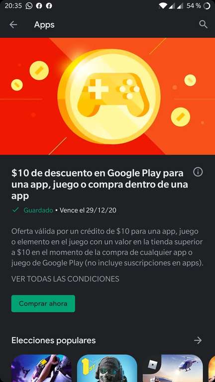 Google Play: 10 pesos de descuento en una compra de app o juego
