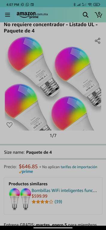 Amazon México vendido por un tercero y enviado por Amazon usa Paquete de 4 focos inteligentes RGB, funcionan con Google Home y Alexa