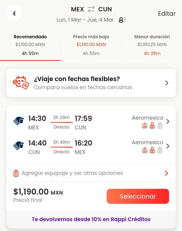 Rappi: Vuelo redondo CDMX-Cancun con Aeromexico + Cashback
