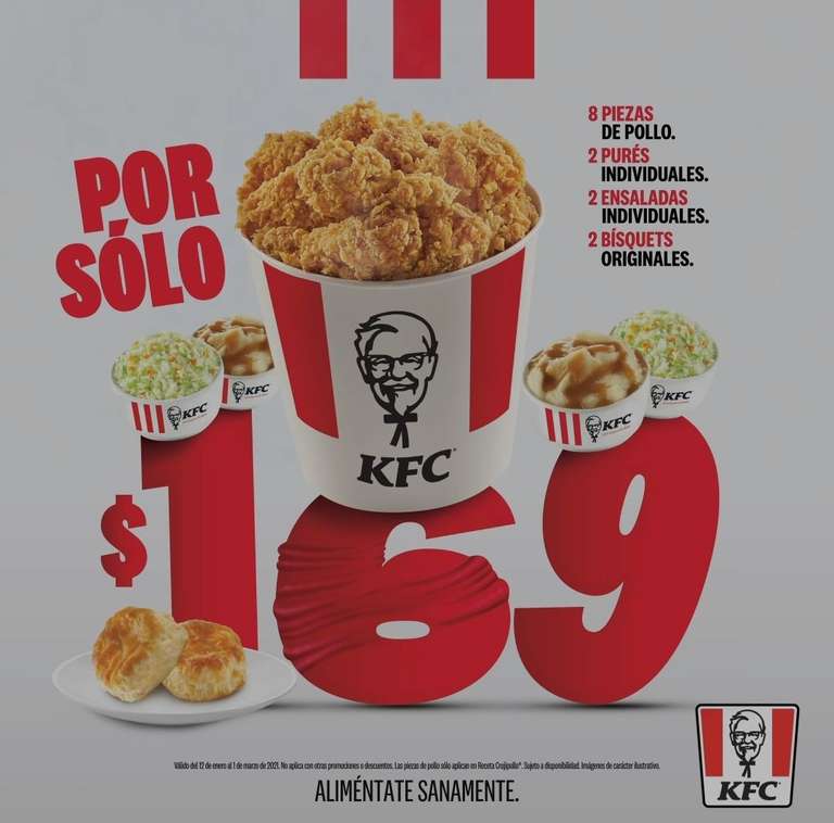 KFC: Paquete de 8 piezas + complementos (Solo crujipollo) Wow bucket