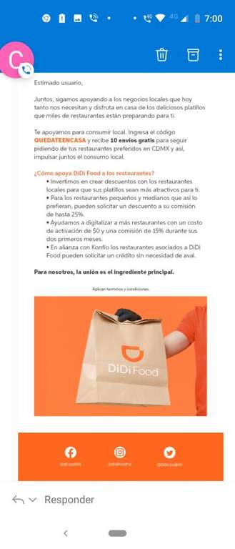 Didi Food : QUEDATEENCASA 10 Envíos gratis