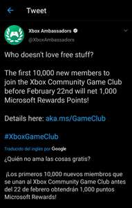 Microsoft: 1,000 puntos Microsoft Rewards al unirse por primera vez a Xbox Community Game Club para los primeros 10,000