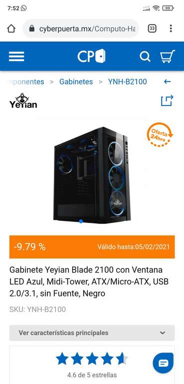CyberPuerta Gabinete Yeyian Blade 2100 con Ventana LED Azul, Midi-Tower, ATX/Micro-ATX, USB 2.0/3.1, sin Fuente, Negro