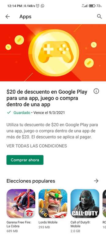 Google Play Store $20 pesos de regalo para cualquier compra (usuarios seleccionados)