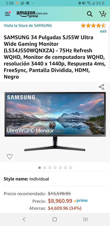 Amazon: Monitor Samsung Ultra Wide 34 QHD
