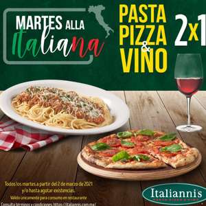 Italianni's: 2x1 en Pasta, Pizza y Vino Todos los Martes