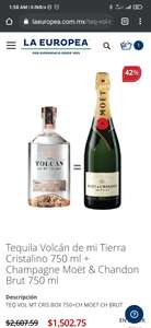 La Europea: Tequila Volcán de mi Tierra Cristalino 750 ml + Champagne Moët & Chandon Brut 750 ml