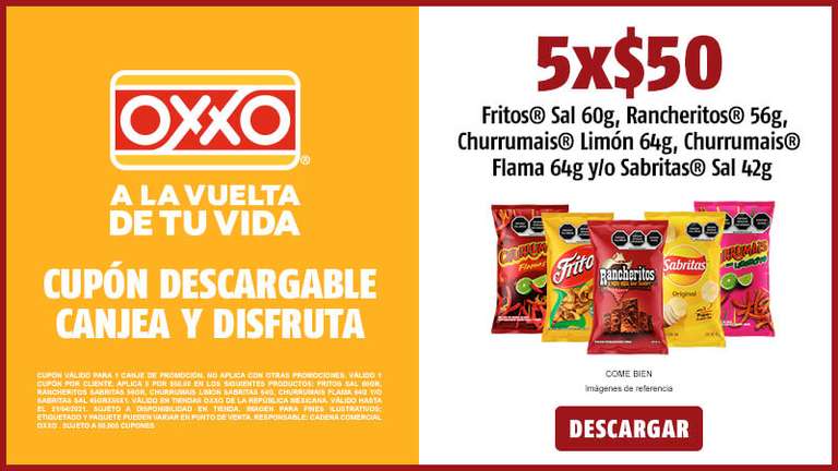 Oxxo, 5 X 50 FRITOS SAL, Rancheritos, Churrumais Limon, Churrumais o SABRITAS SAL