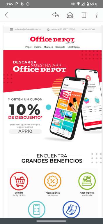 Office Depot: 10% de descuento en primera compra en app