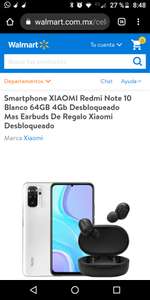 Walmart, Smartphone XIAOMI Redmi Note 10 Blanco 64GB 4Gb Desbloqueado Mas Earbuds De Regalo Xiaomi Desbloqueado