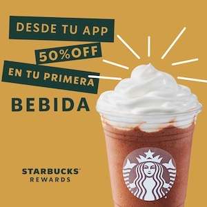 Starbucks: Regístrate a Starbucks Rewards y recibe un 50% de descuento en tu primera bebida (usuarios nuevos)
