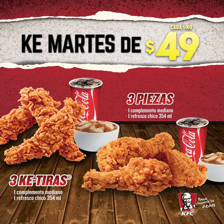 KFC: martes paquetes de 3 piezas a $49
