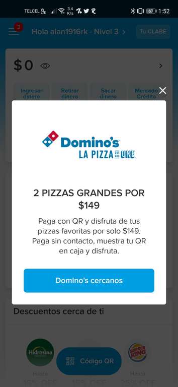 Domino's y MP: dos pizzas grandes por $149, pagando con código QR.
