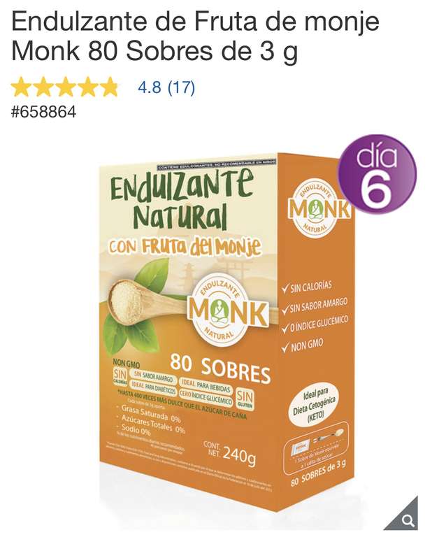 Costco, Endulzante de Fruta de monje Monk 80 Sobres de 3 g