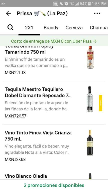 Uber Eats | 2x1 en vinos y licores | Smirnoff, Red label, Maestro dobel