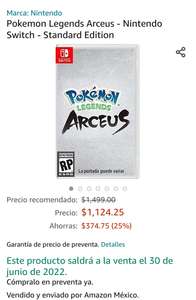 Amazon: Pokemon Legends Arceus - Nintendo Switch - Standard Edition (Preventa)