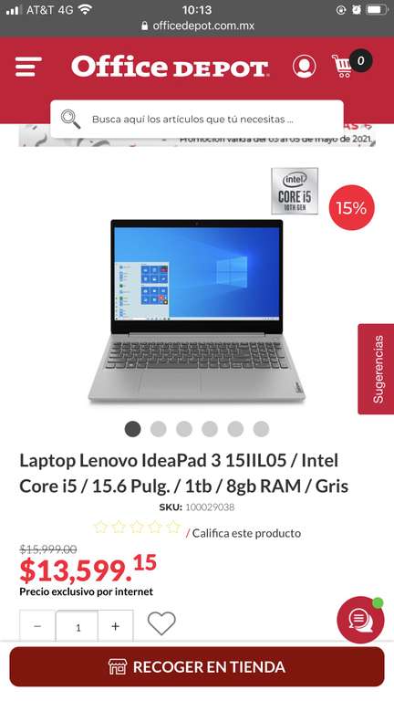 Office Depot Laptop Lenovo IdeaPad 3 15IIL05 / Intel Core i5 / 15.6 Pulg. / 1tb / 8gb RAM / Gris