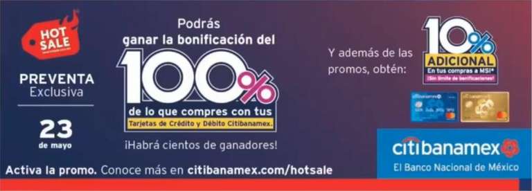 Promociones Hot Sale 2021: Preventa Citibanamex - 10% adicional en todas tus compras a MSI y sorteo