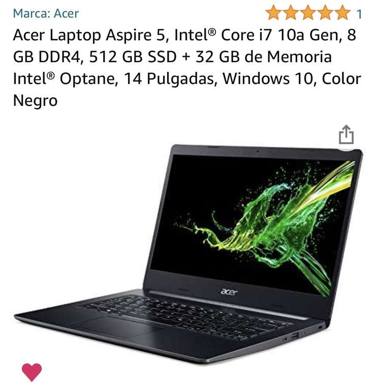 Amazon: Acer Laptop Aspire 5, Intel® Core i7 10a Gen, 8 GB DDR4, 512 GB SSD + 32 GB de Memoria Intel® Optane, 14 Pulgadas, Windows 1