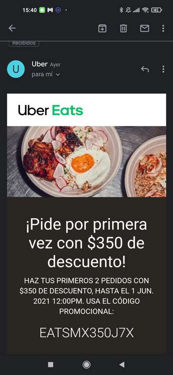 Uber Eats: 350 pesos de descuento en primeros dos pedidos (Usuarios seleccionados)