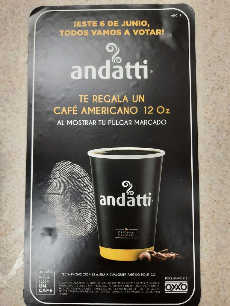 Oxxo: Cafe Andatti Americano Gratis 12oz al mostrar tu dedo marcado