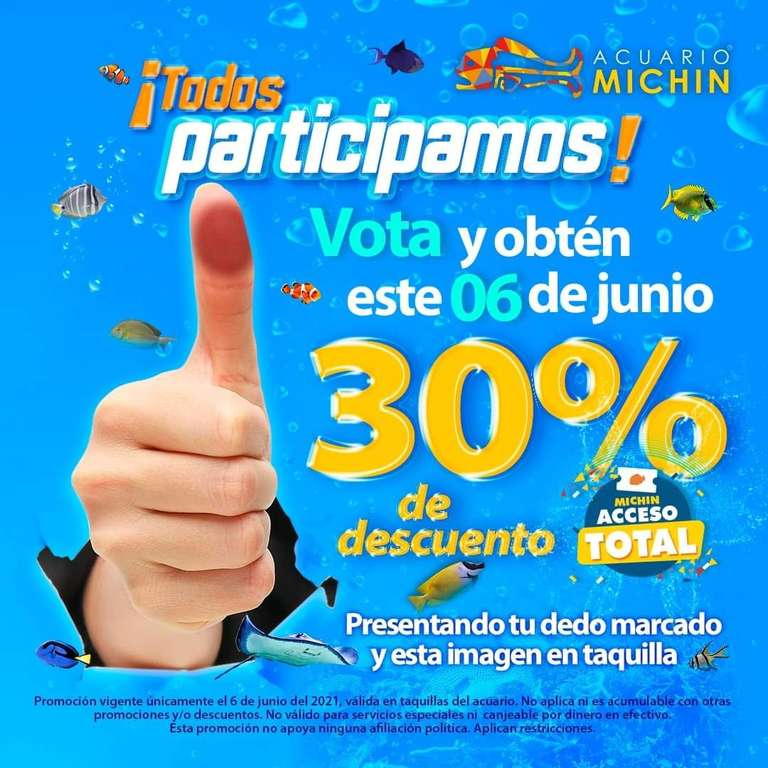 Acuario Michin Puebla 30% de descuento el 6 Junio al presentar tu dedo marcado