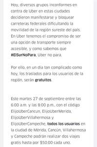 Uber: 2 viajes de 50 C/U para todos los usuarios (Cancun,  Mérida,  Campeche, Villahermosa)