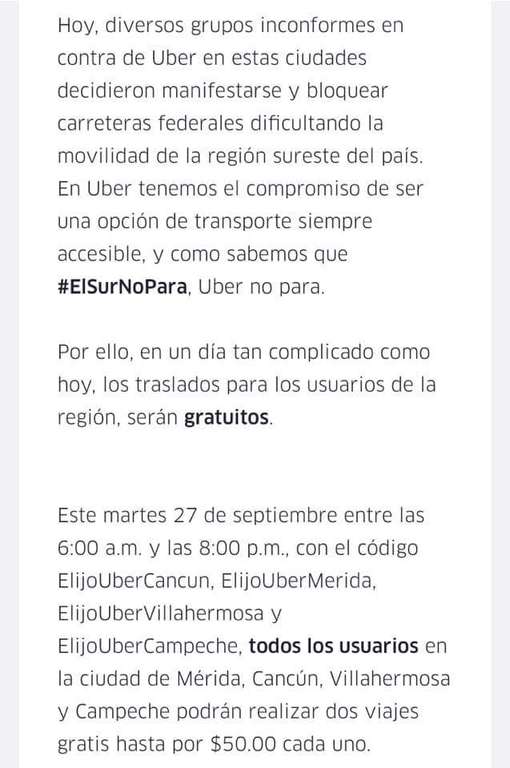 Uber: 2 viajes de 50 C/U para todos los usuarios (Cancun,  Mérida,  Campeche, Villahermosa)