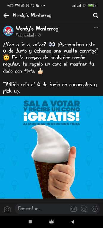 Wendy's Monterrey: Cono de nieve gratis al mostrar tu dedo con tinta por votar