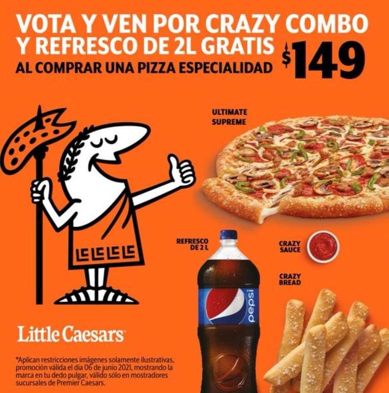 Little Caesars: Vota y GRATIS Crazy Combo + Refresco 2 L ($59) al comprar una Pizza Especialidad de $149