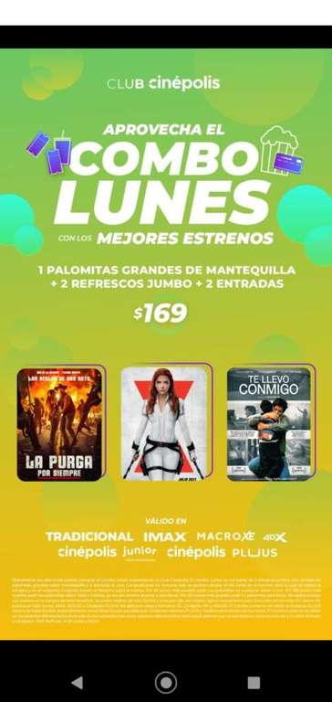 Cinépolis: Combo Lunes (1 Palomitas Grandes + 2 Refrescos Jumbo + 2 entradas) [Tradicional, IMAX, MacroXE, 4DX, Junior, PLUUS]