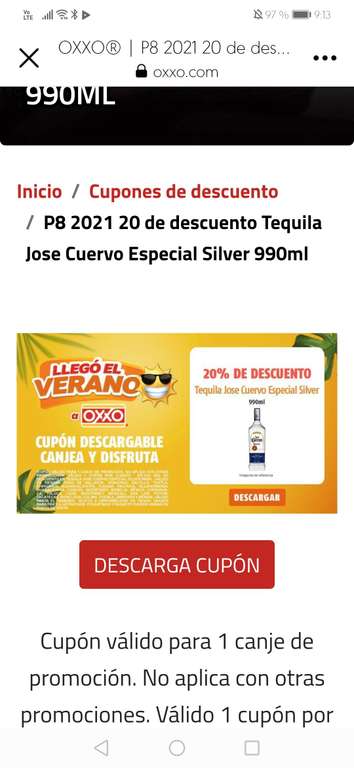 Oxxo: Cupón 20% de descuento tequila José cuervo especial silver 990 ml