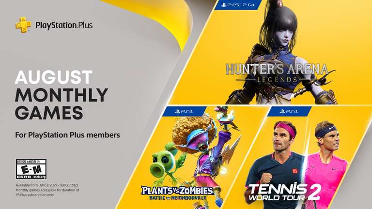 PS+ juegos gratis de agosto: •Plants vs. Zombies: Battle for Neighborville •Tennis World Tour 2 •Hunter's Arena: Legends (PS5 solamente)