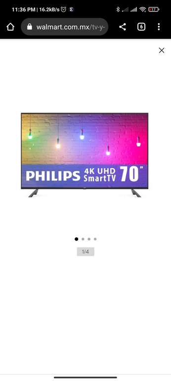 Walmart: TV Philips 70 Pulgadas 4K Ultra HD Smart TV LED 70PFL5656/F8