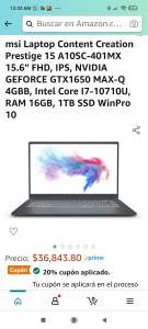 Amazon: MSI Laptop Content Creation Prestige 15.6 FHD IPS NVDIA GTX1650 I7 RAM 16 1TB SSD Win Pro 10