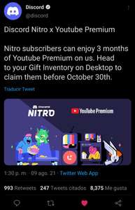 3 meses gratis de YouTube Premium para suscriptores de Discord Nitro