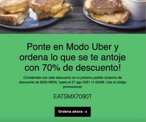 Uber Eats: 70% en un pedido (usuarios seleccionados)