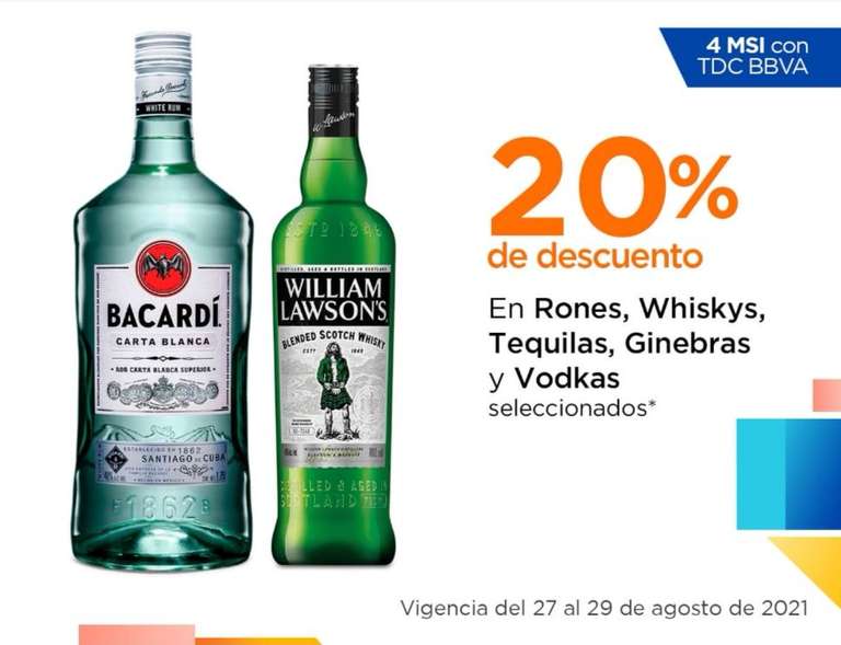 Chedraui: 20% de descuento en Rones, Whiskys, Tequilas, Ginebras y Vodkas, del proveedor Bacardí