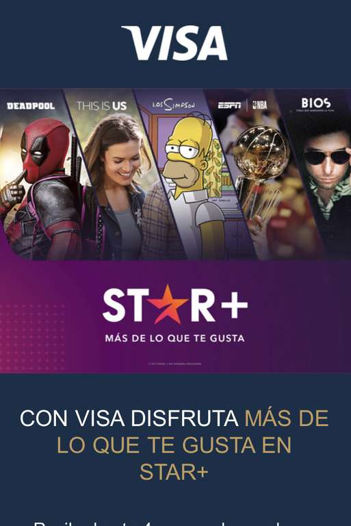Star+ 4 meses gratis con VISA (Platinum, Signature, Infinite o Emisor participante)